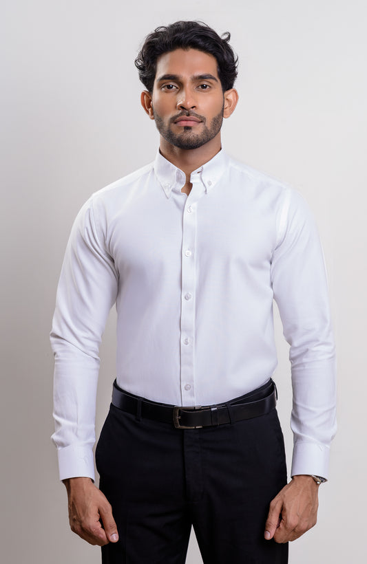 White Washed Oxford Buttondown collar casual long sleeve shirt with logo on cuff