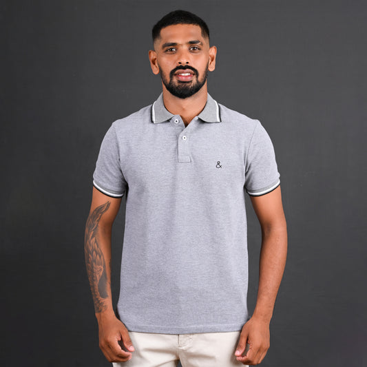 Grey Cotton Polo T-Shirt