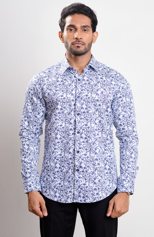 Light blue base dark blue floral print spread collar casual long sleeve shirt