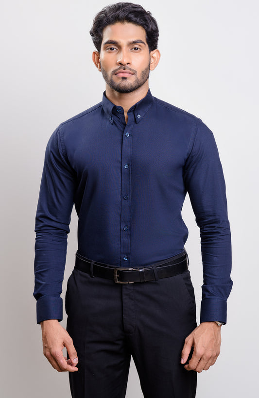 Navy Blue Washed Oxford Buttondown collar long sleeve shirt with logo on cuff