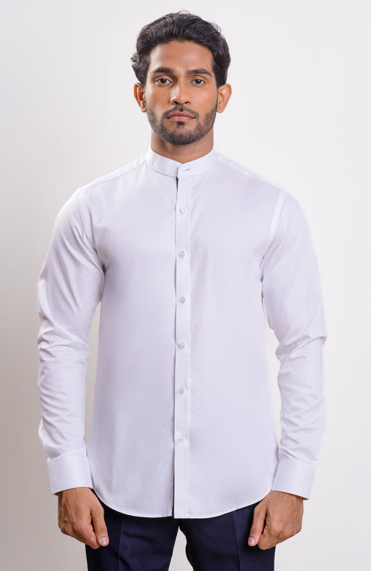 Satin White nehru collar casual long sleeve shirt with inner placket twill tape