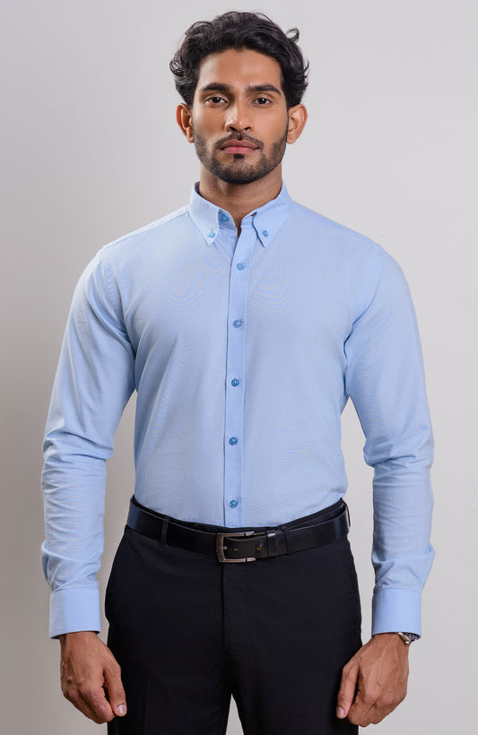 Baby blue Washed Oxford Buttondown collar casual long sleeve shirt with logo embroidery on cuff