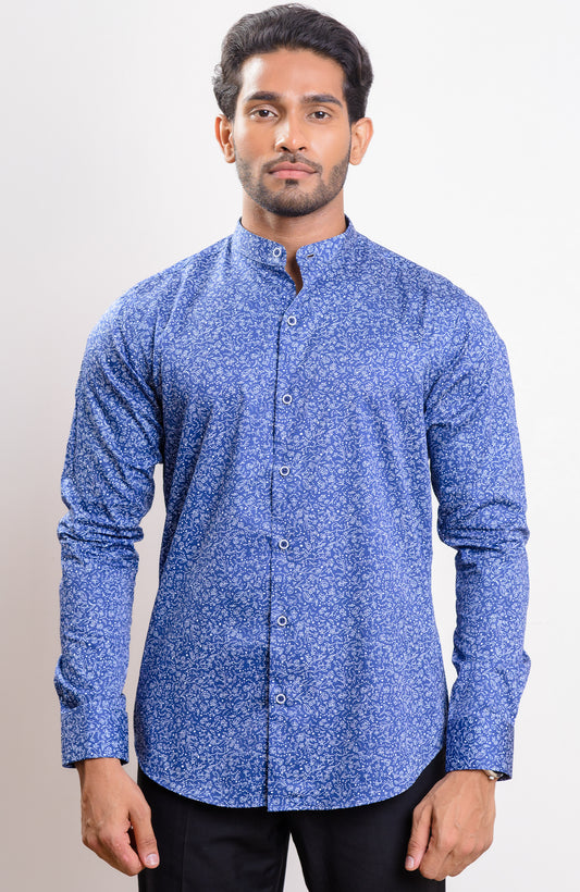 Dark blue base white floral print Nehru collar casual long sleeve shirt
