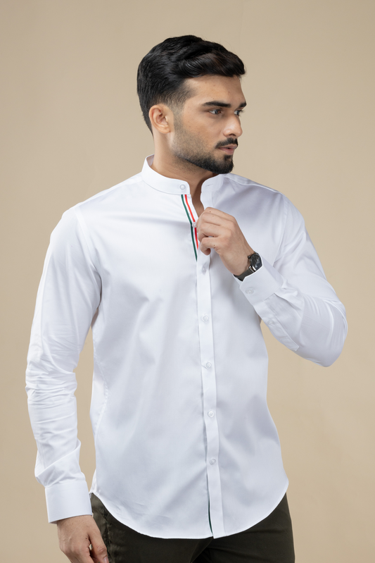 White Satin Nehru Shirt with Twill Tape