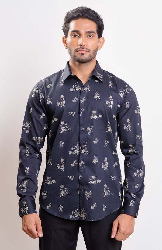 Black and gold floral print spread collar casual long sleeve shirt