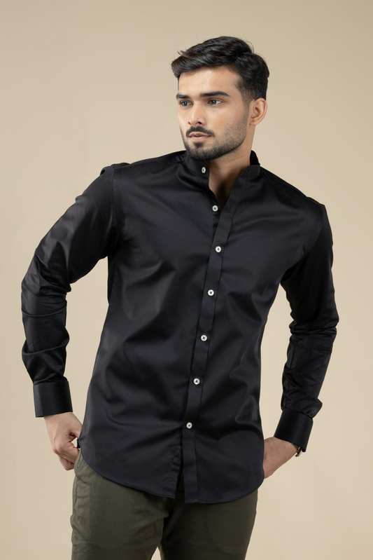 Black Satin Nehru Shirt