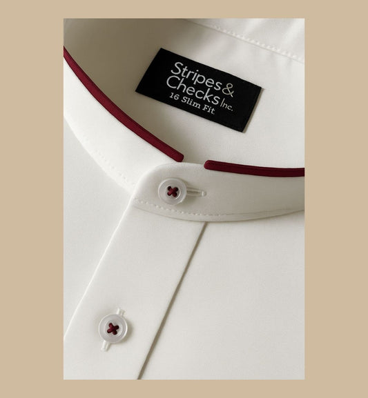 White Double Nehru Long Sleeve Shirt with Maroon Piping