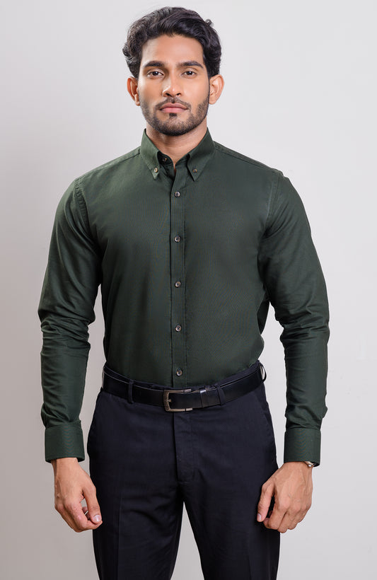 Dark green Washed Oxford Buttondown collar casual long sleeve shirt with logo on cuff