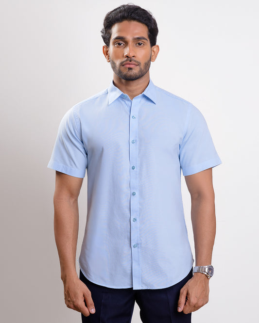 Baby blue Washed oxford spread collar casual Short sleeve shirt
