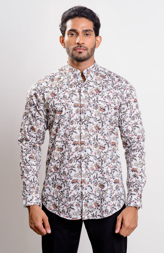 White base multi color print Nehru collar casual long sleeve shirt