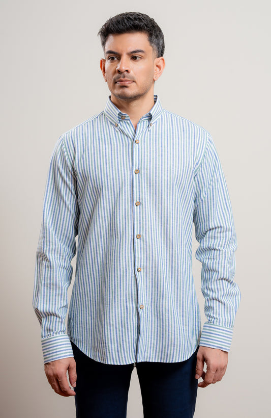 Green and Blue stripe casual long sleeve blended linen shirt