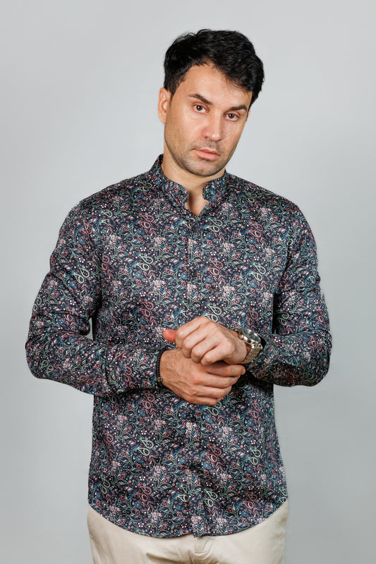 Black and Pink Floral Print Long Sleeve Shirt