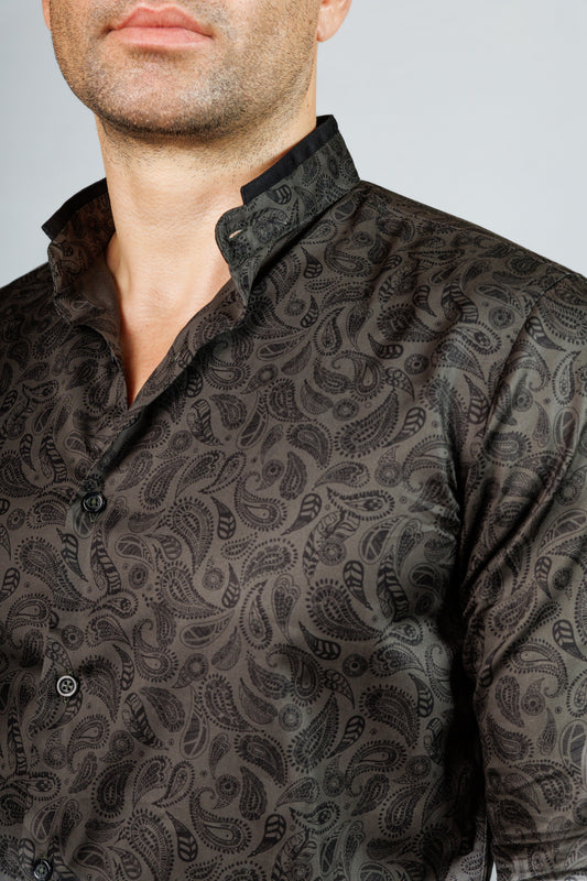 Black Double Nehru Paisley Print Shirt