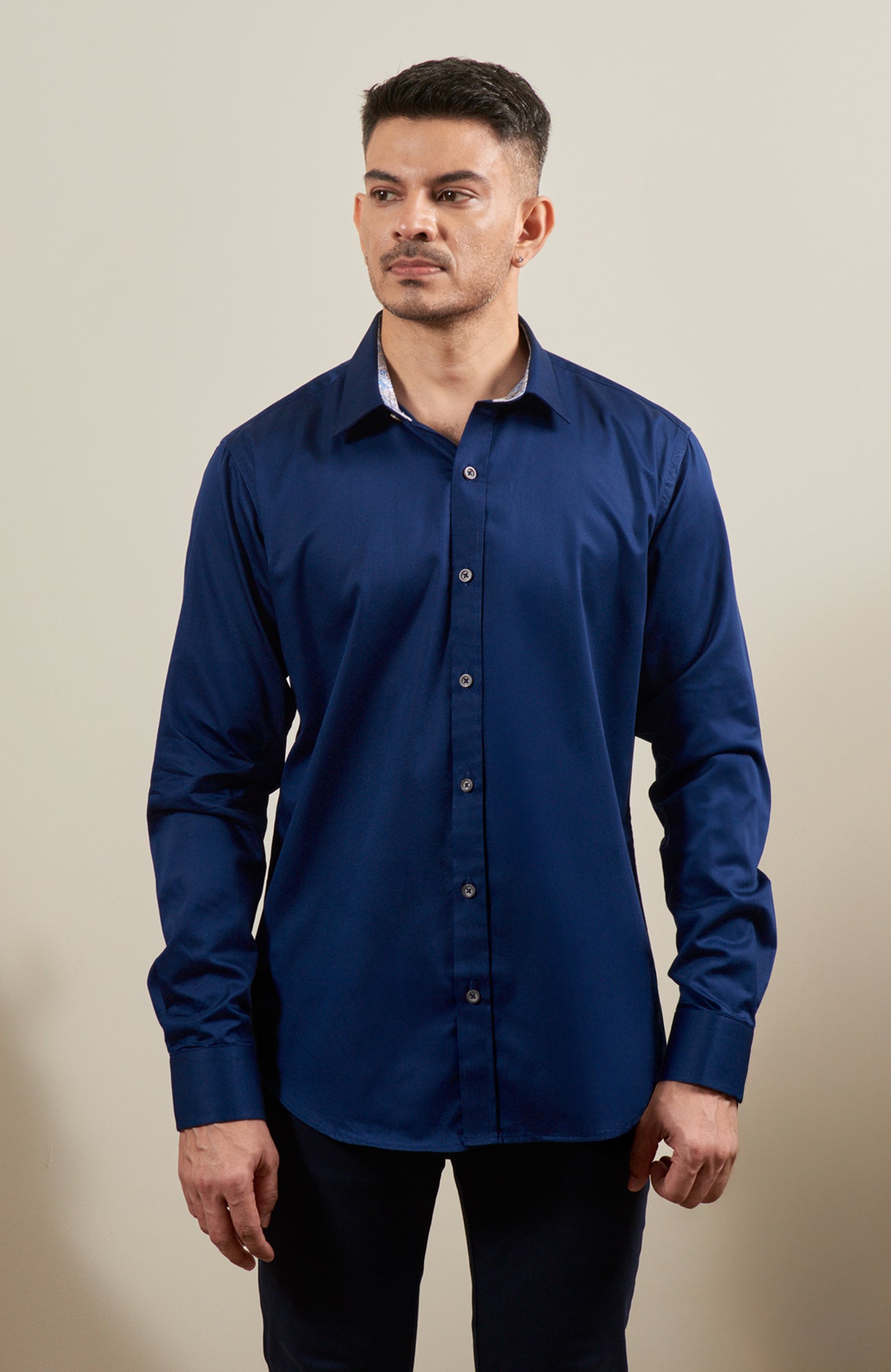 Navy Blue Full Shirts With Different Color Collar Navy Blue Satin Long Sleeve Shirt With Inner Collar Cuff Contrast