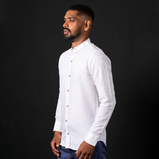 White Nehru Collar Linen Shirt