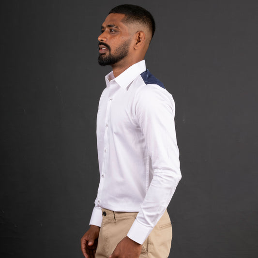 White Satin Long Sleeve Shirt with Contrast Shoulder Patch