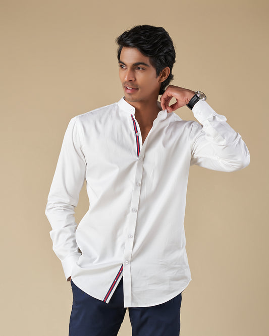 White Satin Long Sleeve Nehru Collar Shirt with Twil Tape