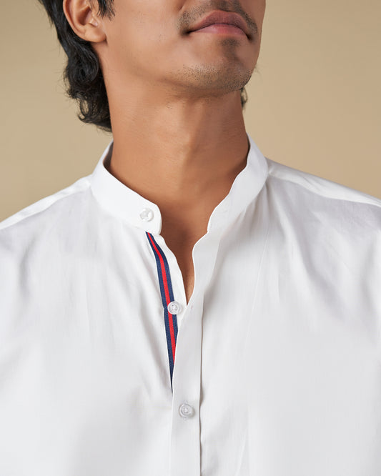 White Satin Long Sleeve Nehru Collar Shirt with Twil Tape