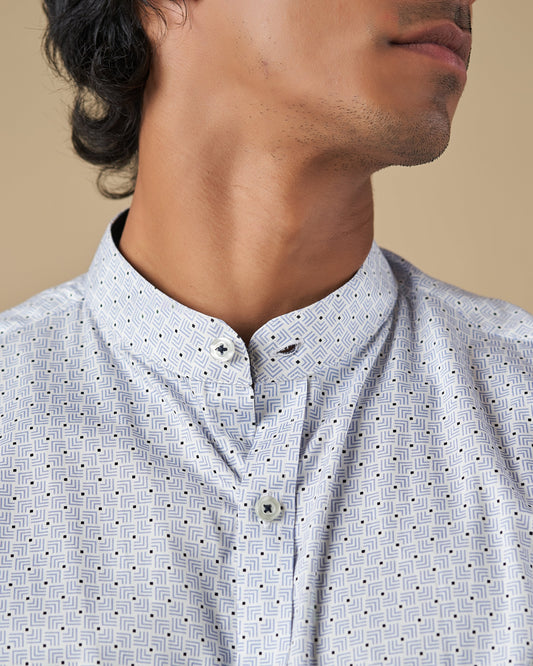 Nehru Collar Long Sleeve Shirt with Geometric Print and Contrast inner collar