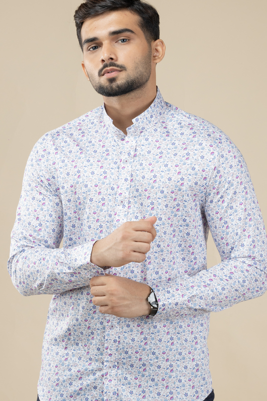 Beige & Blue Floral Print Nehru Shirt