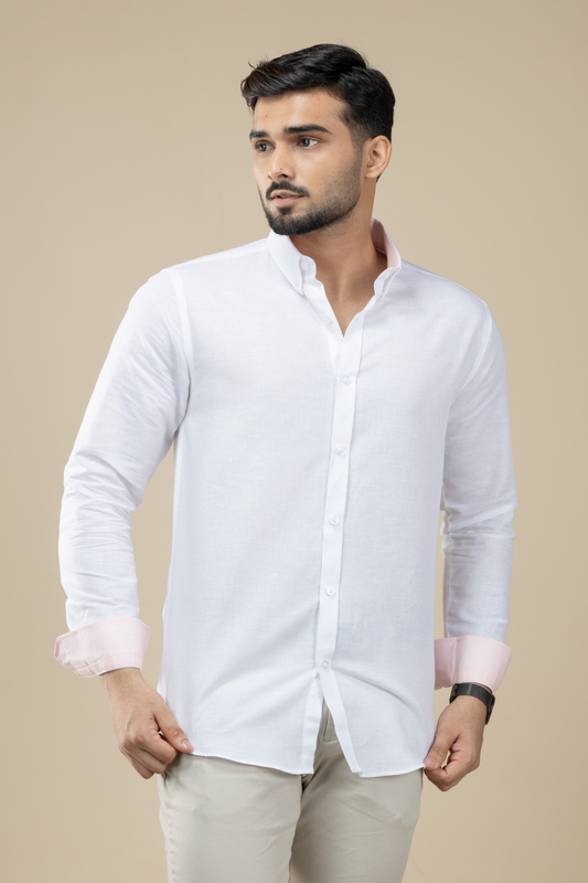 White Linen Shirt with Inner Collar Cuff Contrast