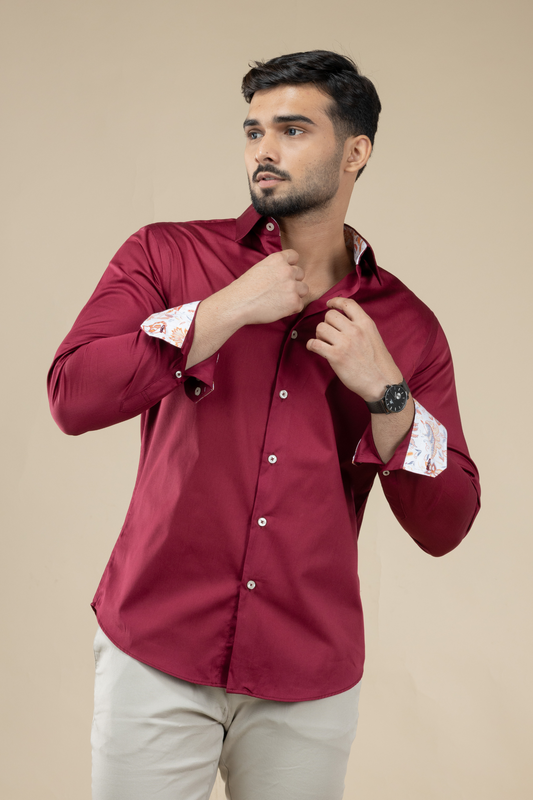 Maroon Satin Shirt with Inner Collar Cuff Contrast