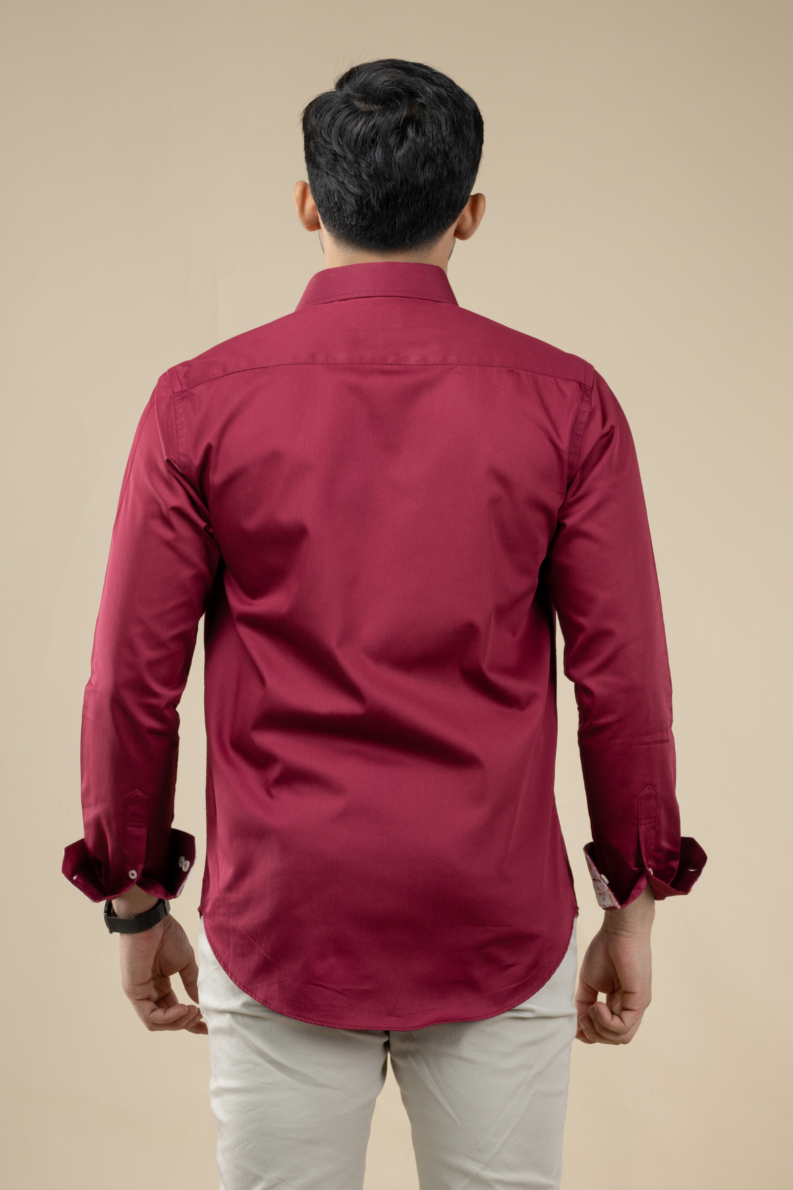 Maroon Satin Shirt with Inner Collar Cuff Contrast