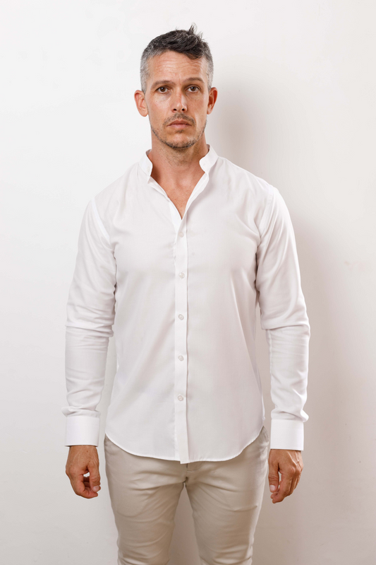 White Textured Nehru Long Sleeve Shirt