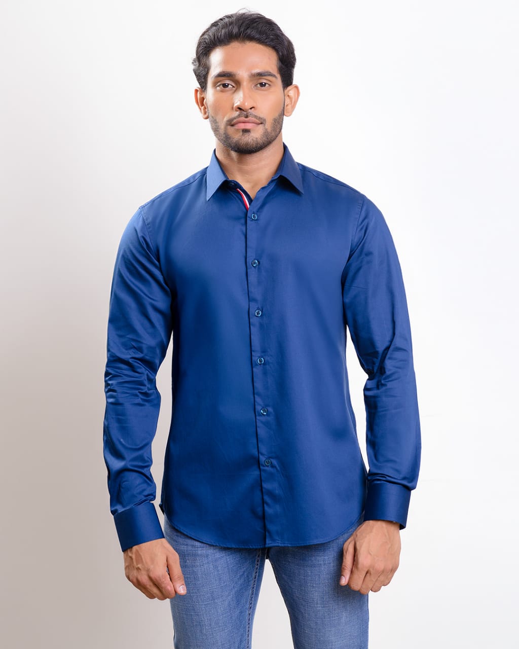 Navy Blue Satin casual long sleeve shirt with spread collar inner plac Stripes and Checks Navy Blue Satin casual long sleeve shirt with spread collar inner plac Stripes and Checks