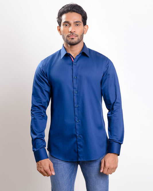 Navy Blue Satin casual long sleeve shirt with spread collar inner placket twill tape