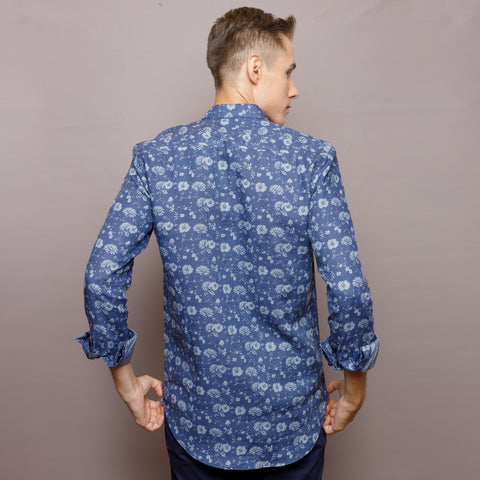 Navy Linen Printed Shirt