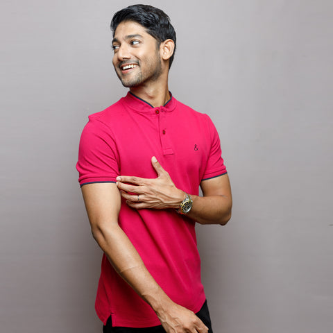 Magenta Pink Nehru Cotton Polo T-Shirt