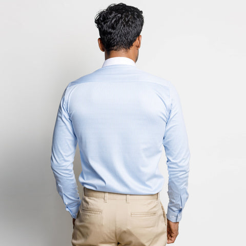 Blue Striped Shirt with Contrast Nehru Collar