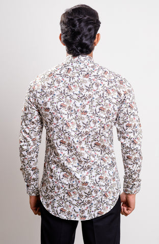 White base multi color print Nehru collar casual long sleeve shirt