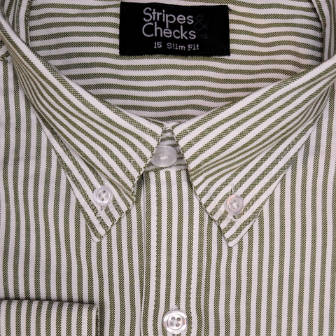 Olive Green and White Stripe Button Down Washed Oxford Shirt