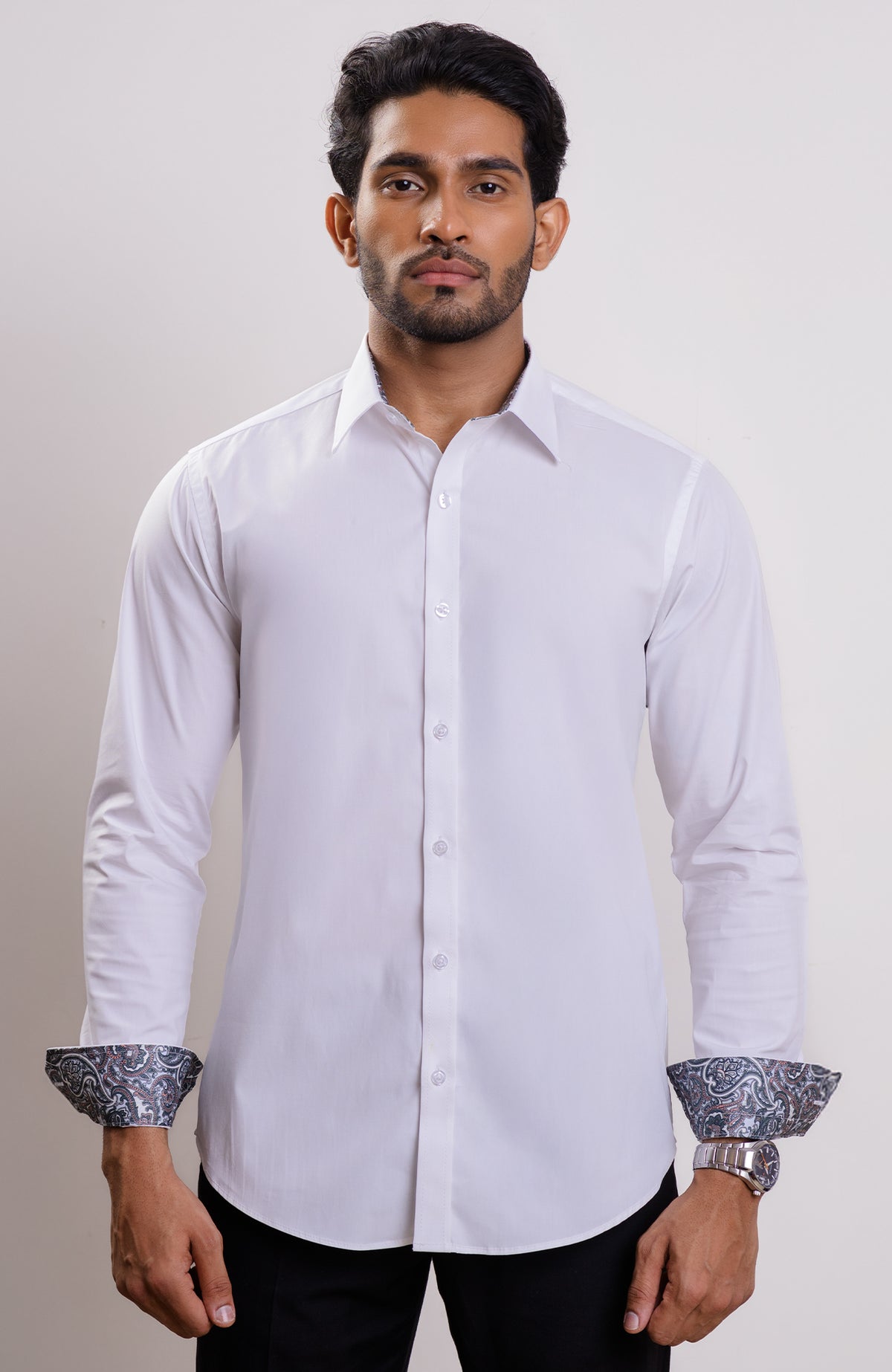 Satin White casual long sleeve shirt with printed inner collar and cuff contrast