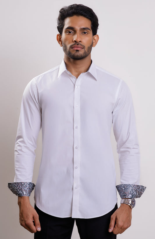 Satin White casual long sleeve shirt with printed inner collar and cuff contrast
