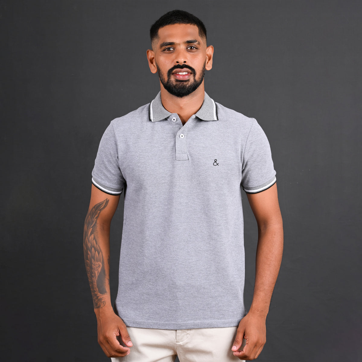 Grey Cotton Polo T-Shirt – Stripes and Checks