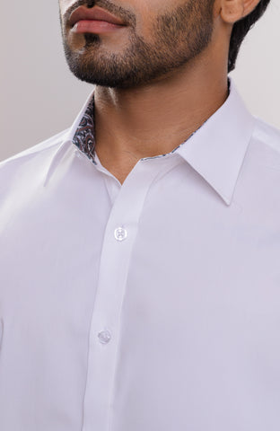 Satin White casual long sleeve shirt with printed inner collar and cuff contrast