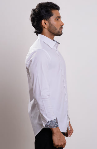 Satin White casual long sleeve shirt with printed inner collar and cuff contrast