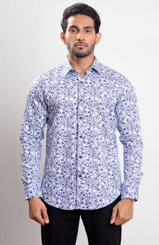 Light blue base dark blue floral print spread collar casual long sleeve shirt