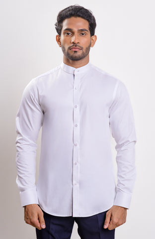 Satin White nehru collar casual long sleeve shirt with inner placket twill tape
