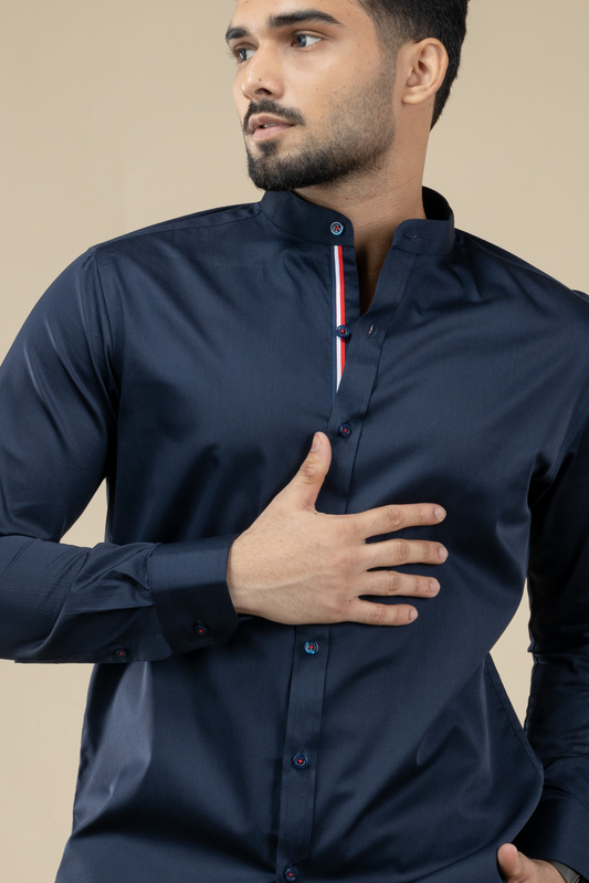 Navy Blue Satin Nehru Shirt with Twill Tape