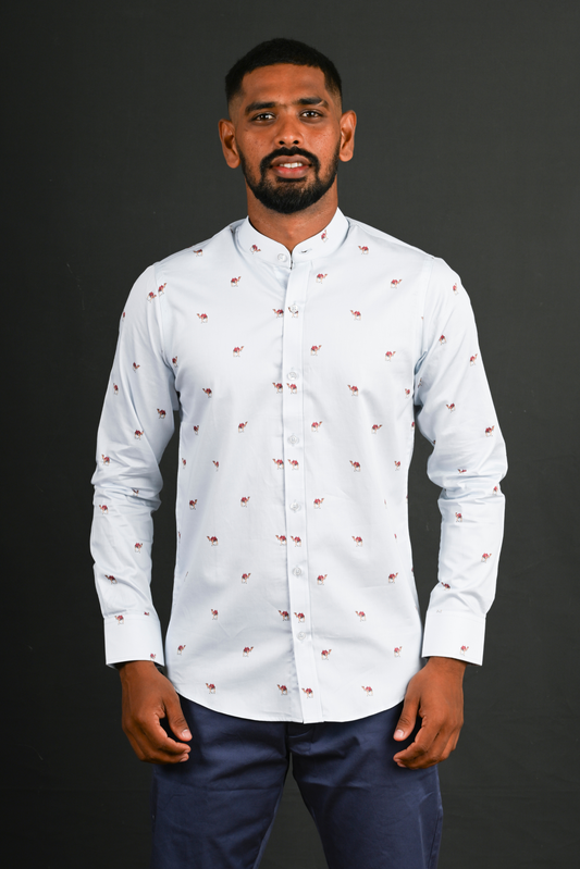 Blue Nehru Camel Print Satin Shirt