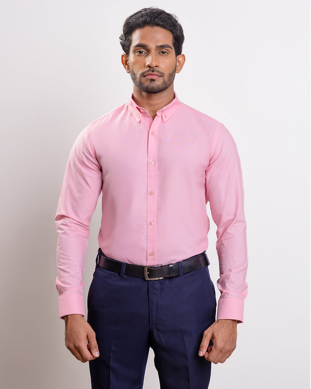 Baby pink Washed oxford Buttondown collar casual long sleeve shirt with  logo embroidery on cuff