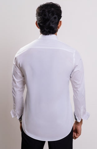 Satin White casual long sleeve shirt with printed inner collar and cuff contrast