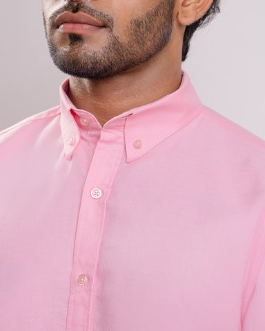 Baby pink Washed oxford Buttondown collar casual long sleeve shirt with  logo embroidery on cuff