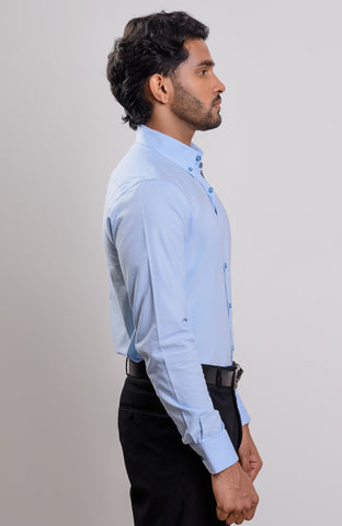 Baby blue Washed Oxford Buttondown collar casual long sleeve shirt with logo embroidery on cuff