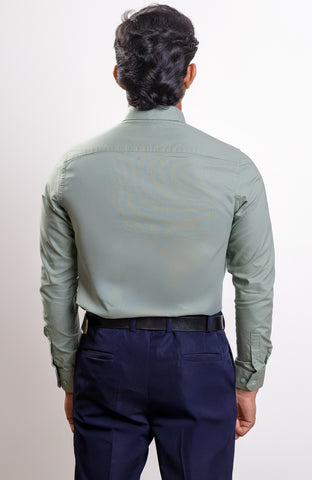 Green Wash oxford button down collar casual long sleeve shirt with self color logo embroidery on cuff