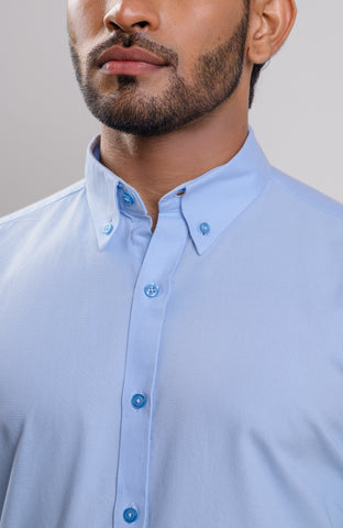 Baby blue Washed Oxford Buttondown collar casual long sleeve shirt with logo embroidery on cuff